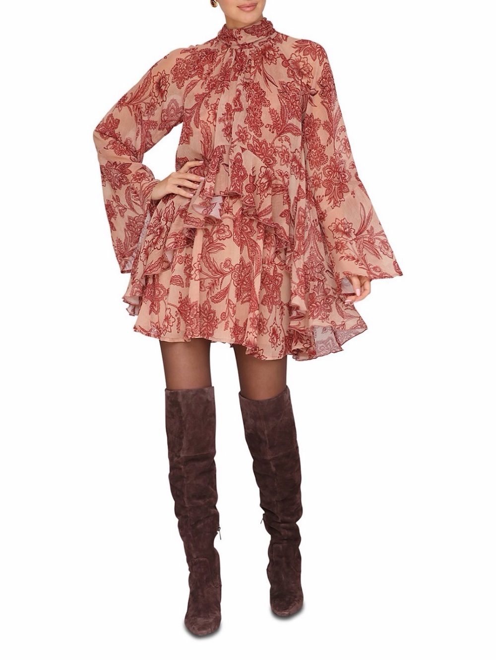 Avec Les Filles Women's Mock Neck Tiered Ruffle Mini Dress